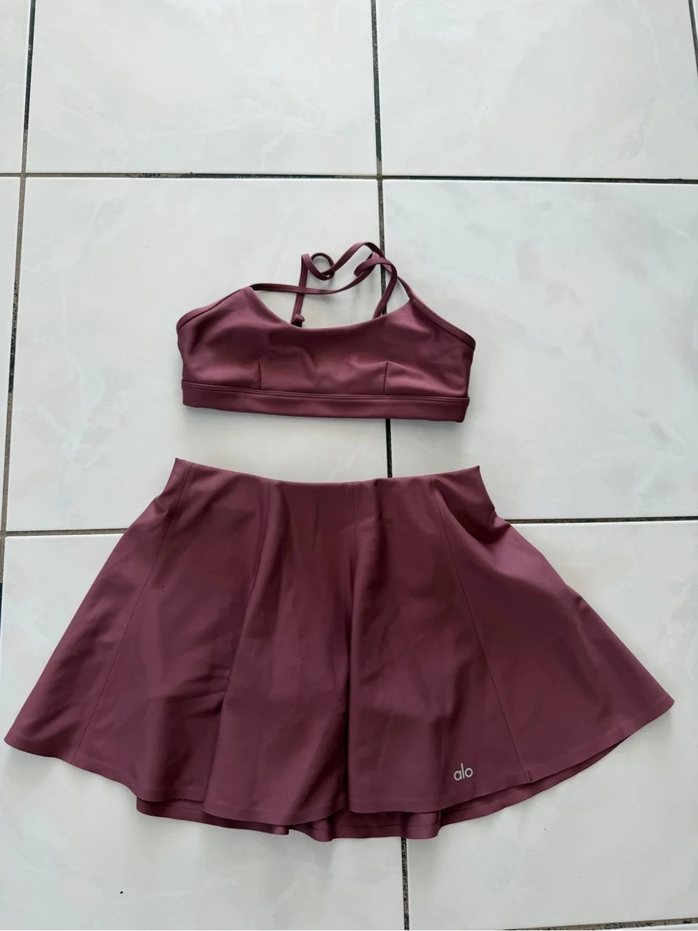ALO Yoga Dusty Rose Active Skirt and Bra Set